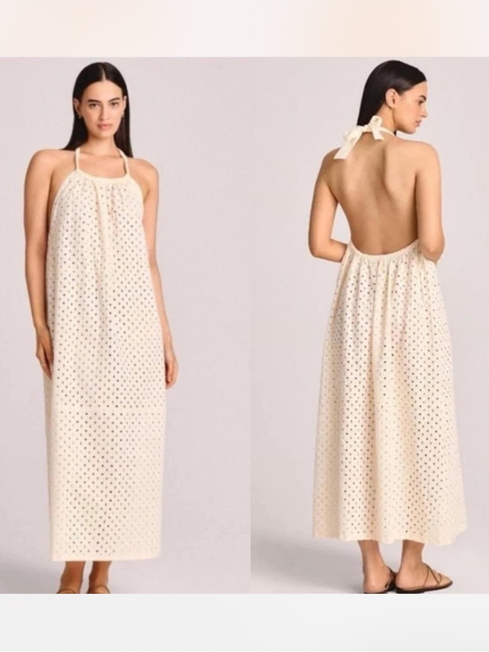 Vitamin A Cream Eyelet Halter Maxi Dress